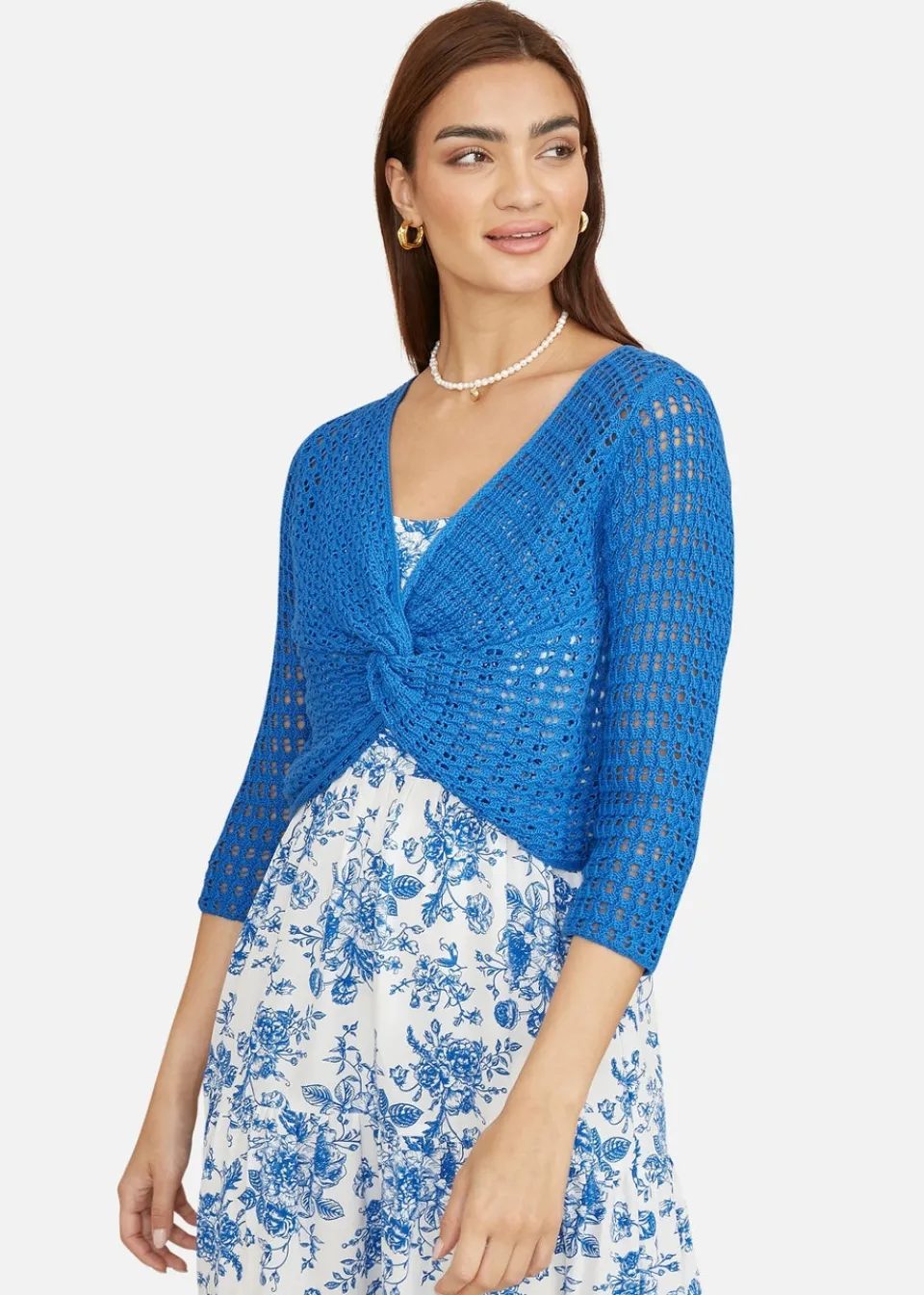 Tops>Yumi Blue Cotton Crochet Knitted Top