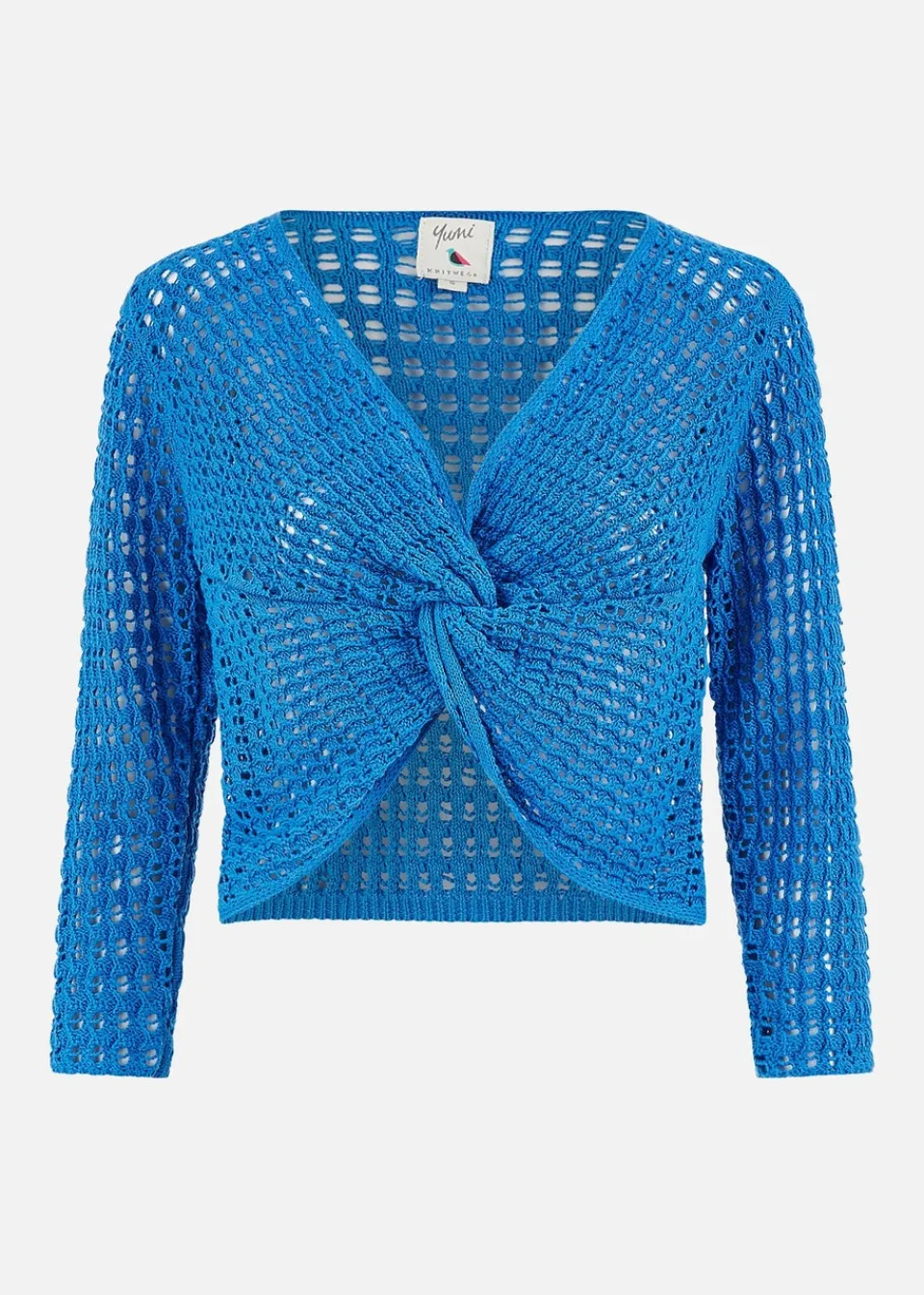 Tops>Yumi Blue Cotton Crochet Knitted Top