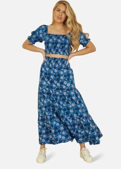 Skirts>Yumi Blue Cotton Voile Floral Ruched Waist Midi Skirt