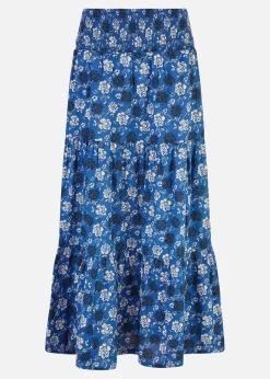 Skirts>Yumi Blue Cotton Voile Floral Ruched Waist Midi Skirt
