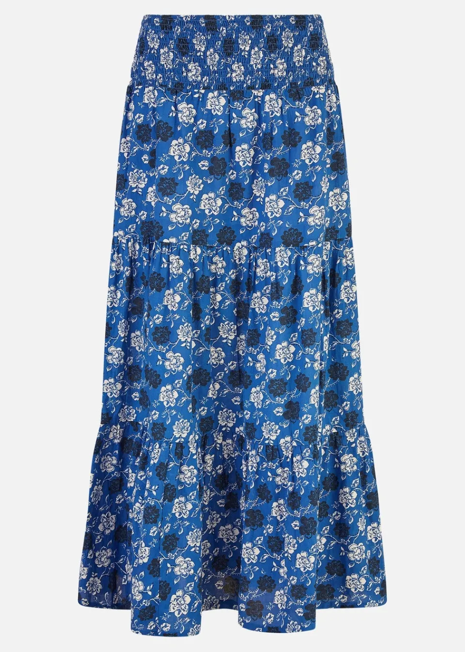 Skirts>Yumi Blue Cotton Voile Floral Ruched Waist Midi Skirt