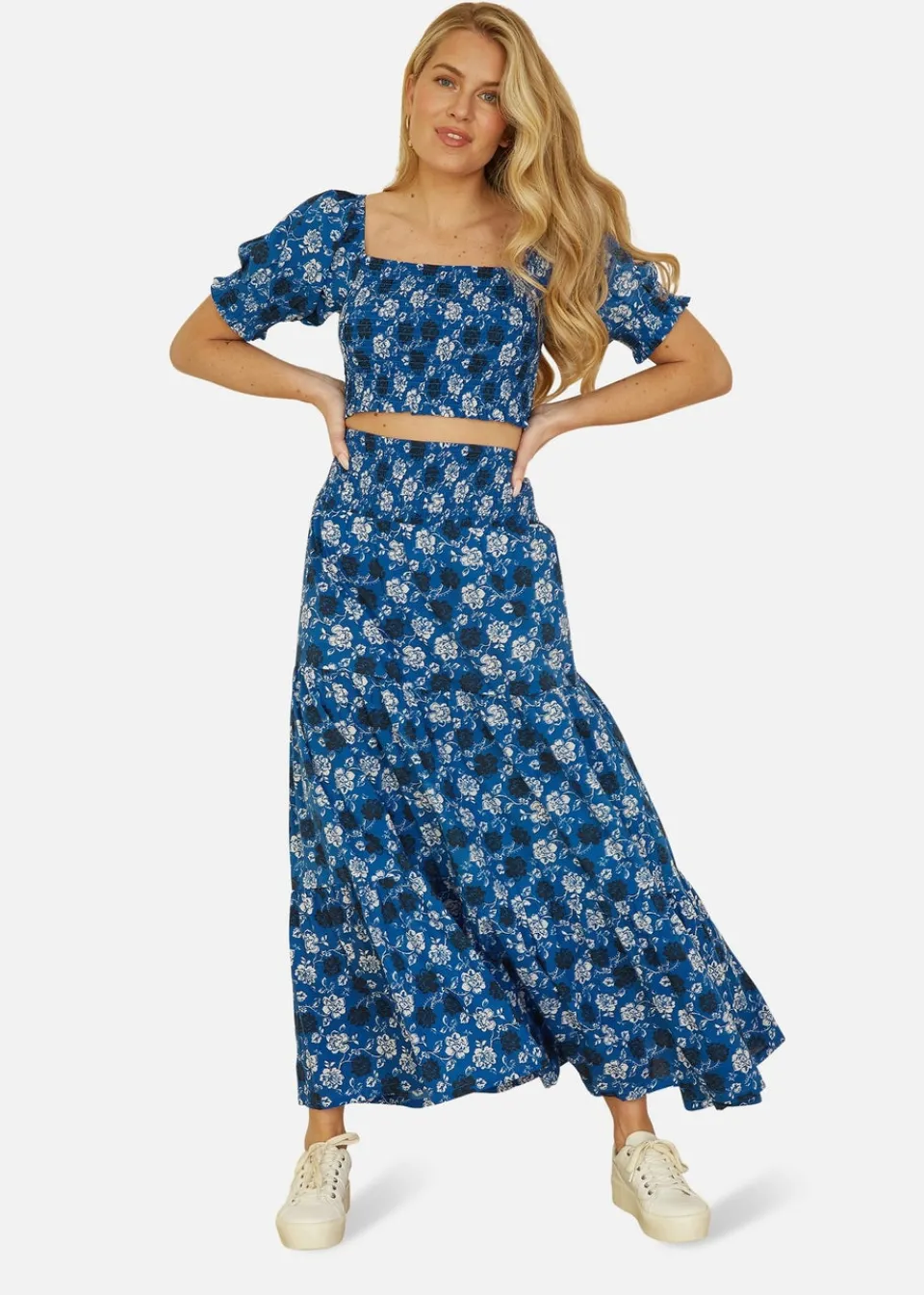 Skirts>Yumi Blue Cotton Voile Floral Ruched Waist Midi Skirt