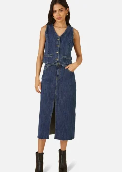 Skirts>Yumi Blue Denim Stretch Fitted Midi Skirt With Front Split