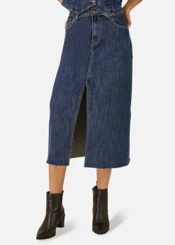 Skirts>Yumi Blue Denim Stretch Fitted Midi Skirt With Front Split