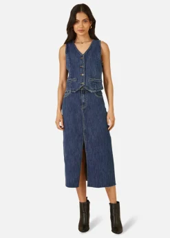 Coats & Jackets>Yumi Blue Denim Stretch Waistcoat