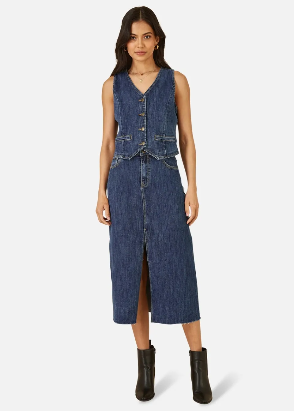 Coats & Jackets>Yumi Blue Denim Stretch Waistcoat