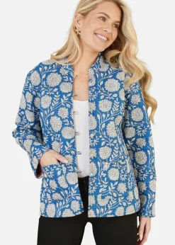 Coats & Jackets>Yumi Blue Floral Print Reversible Cotton Quilted Jacket