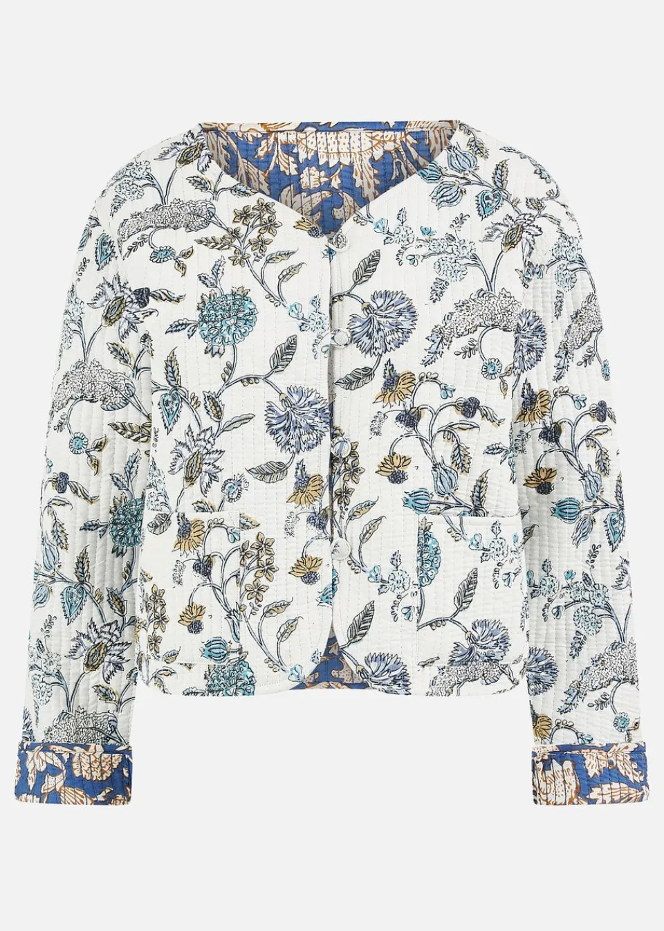 Coats & Jackets>Yumi Blue Floral Reversible Cotton Quilted Jacket