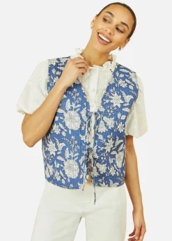 Coats & Jackets>Yumi Blue Floral Reversible Cotton Quilted Waistcoat