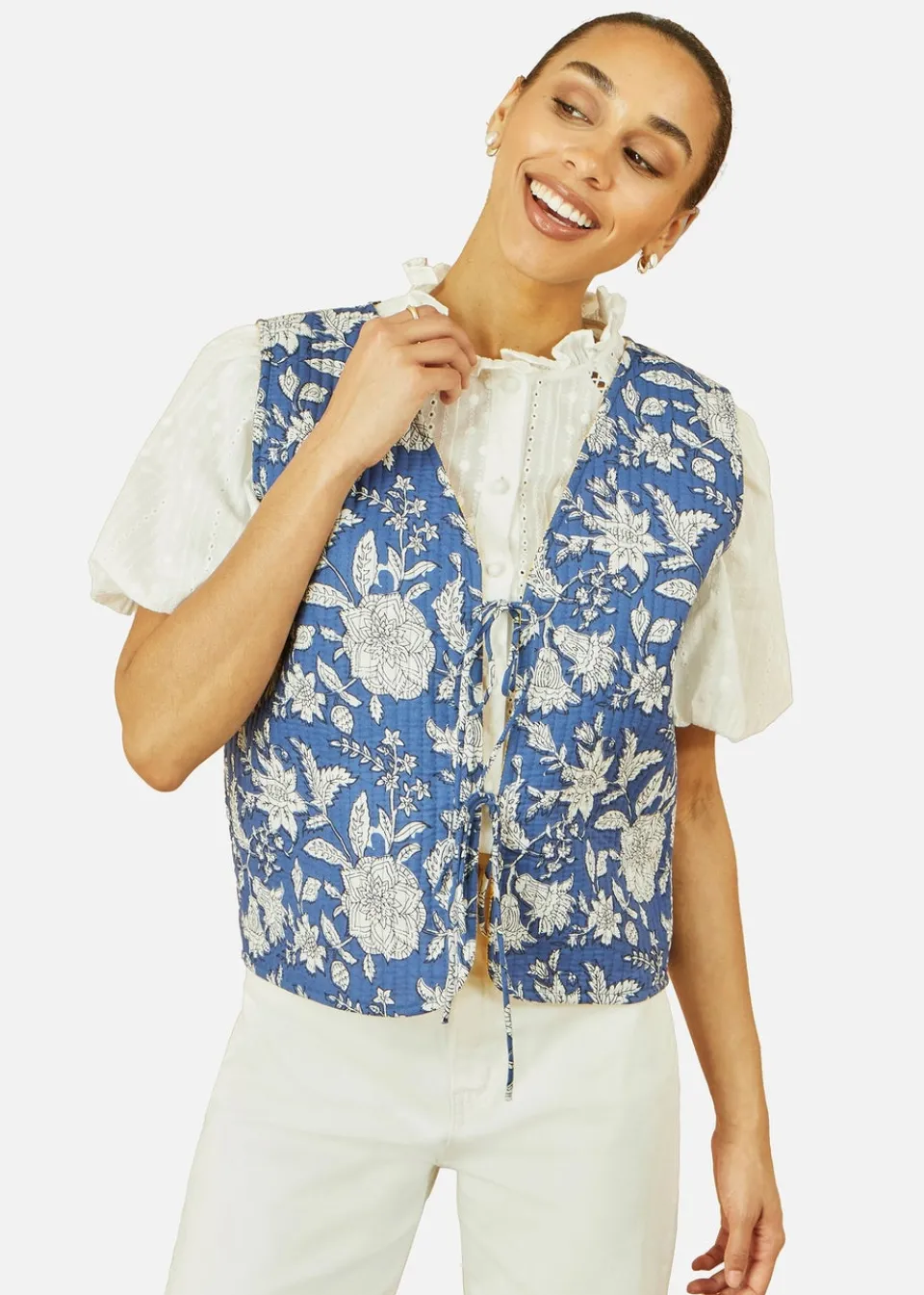 Coats & Jackets>Yumi Blue Floral Reversible Cotton Quilted Waistcoat