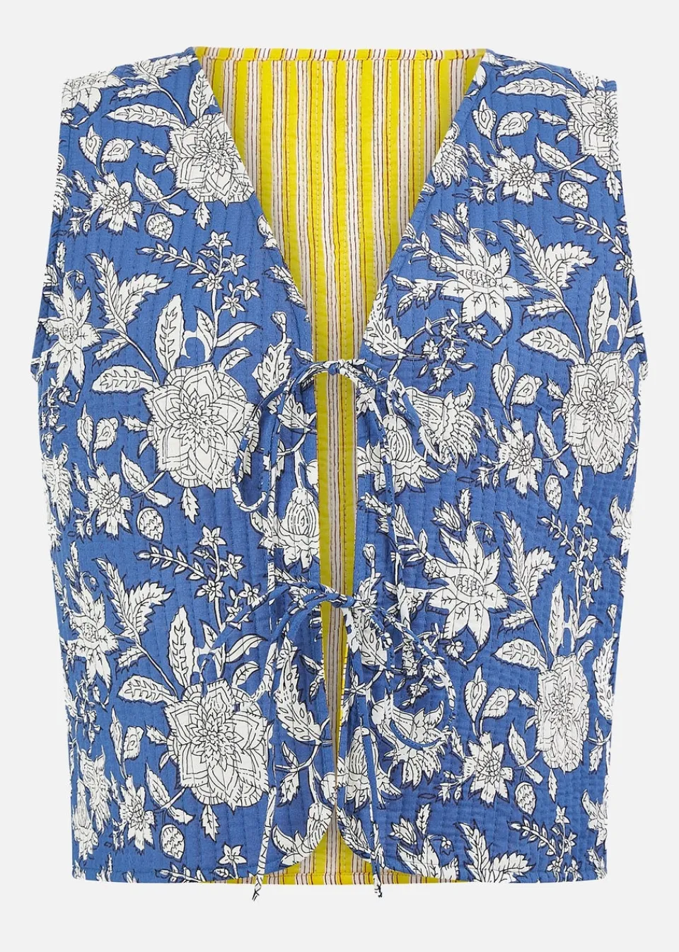 Coats & Jackets>Yumi Blue Floral Reversible Cotton Quilted Waistcoat