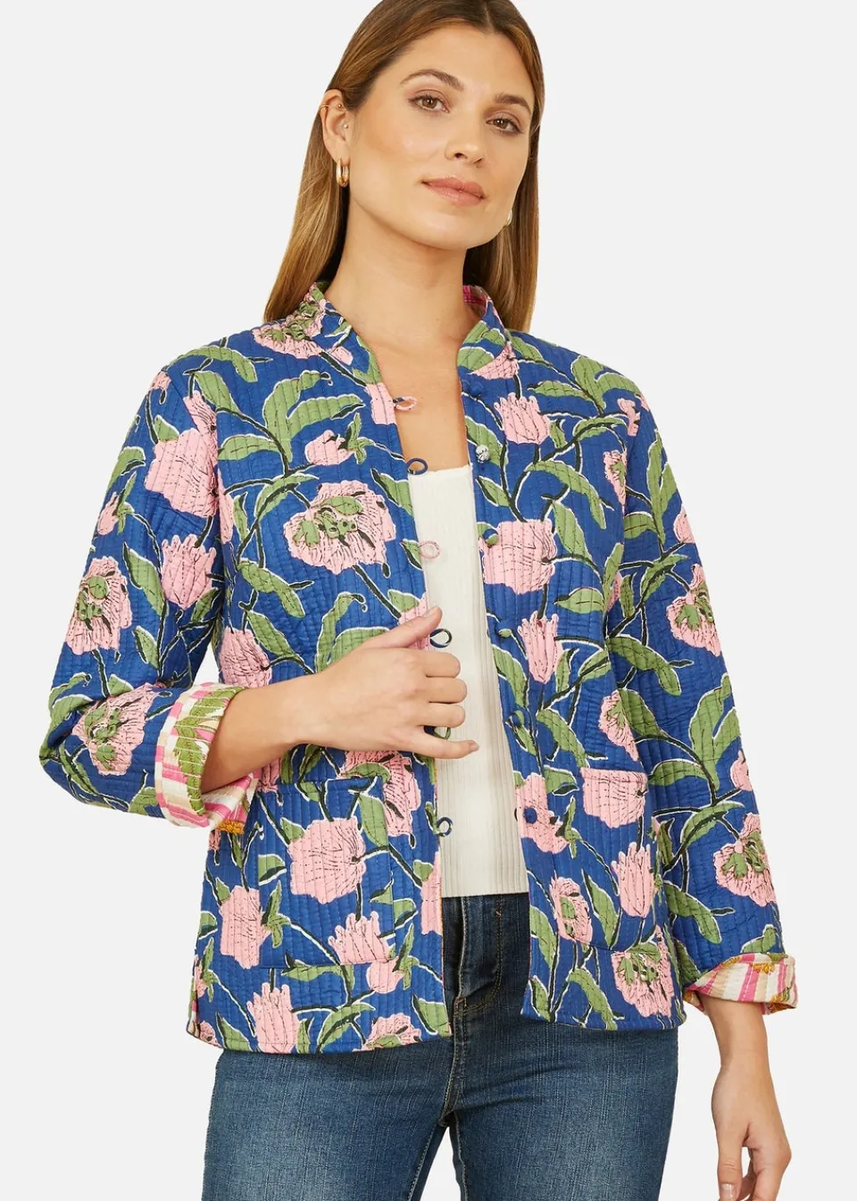 Coats & Jackets>Yumi Blue Floral Reversible Cotton Quilted Jacket