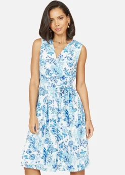 Dresses>Yumi Blue Floral Wrap Over Skater Dress