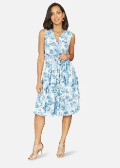 Dresses>Yumi Blue Floral Wrap Over Skater Dress