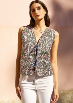 Tops>Yumi Blue Flower Reversible Cotton Quilted Waistcoat