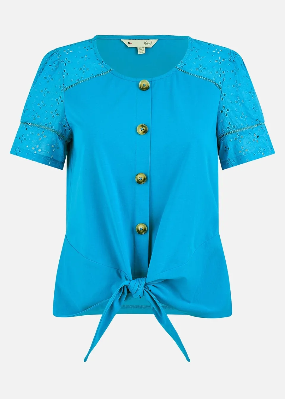 Tops>Yumi Blue Jersey Button Detail T Shirt With Broderie Anglaise Sleeves & Tie Front