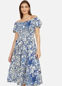 Dresses>Yumi Blue Ruched Waist Bardot Blossom Tree Print Midi Dress