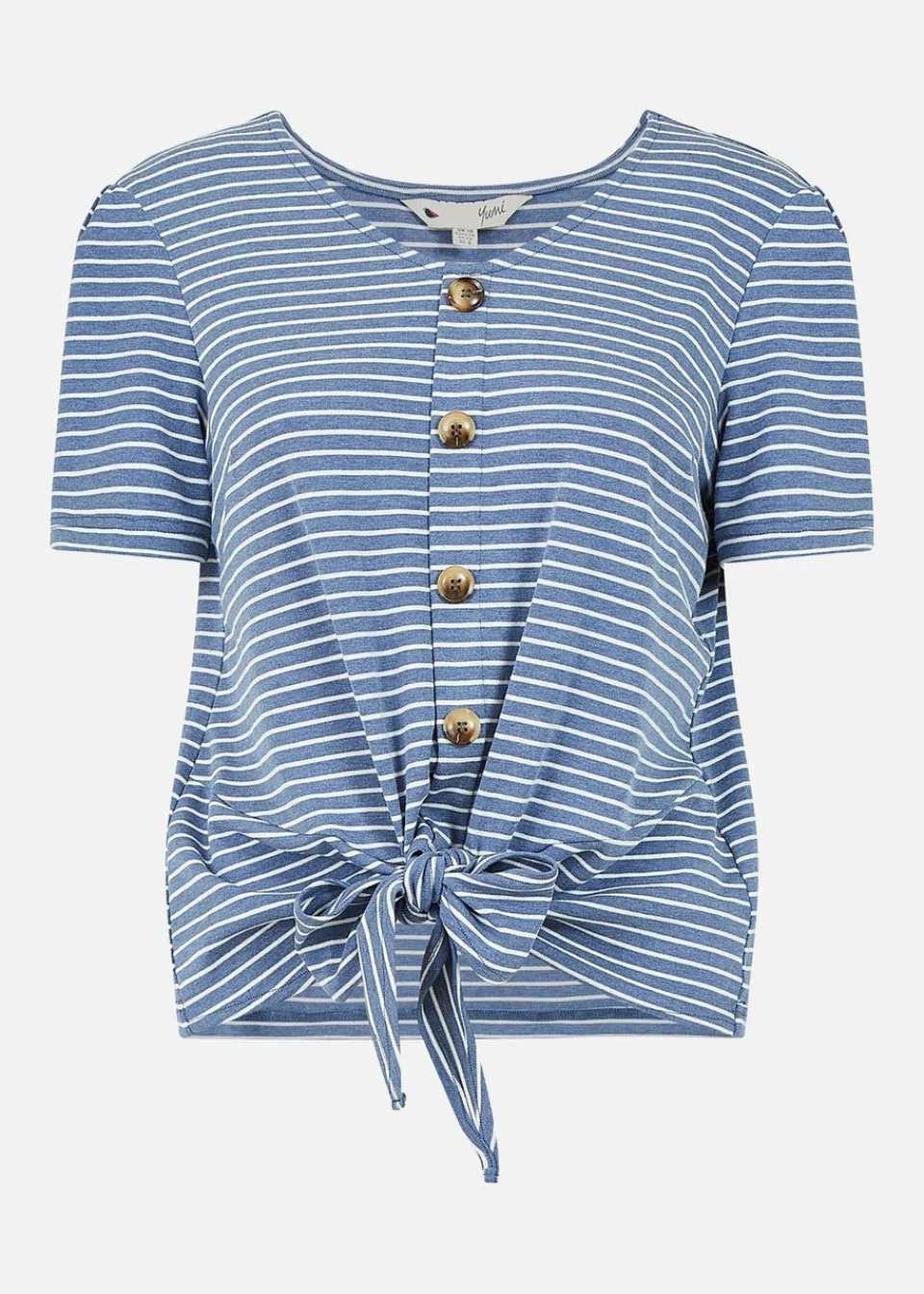 T-Shirts>Yumi Blue Striped Jersey Button Detail Top