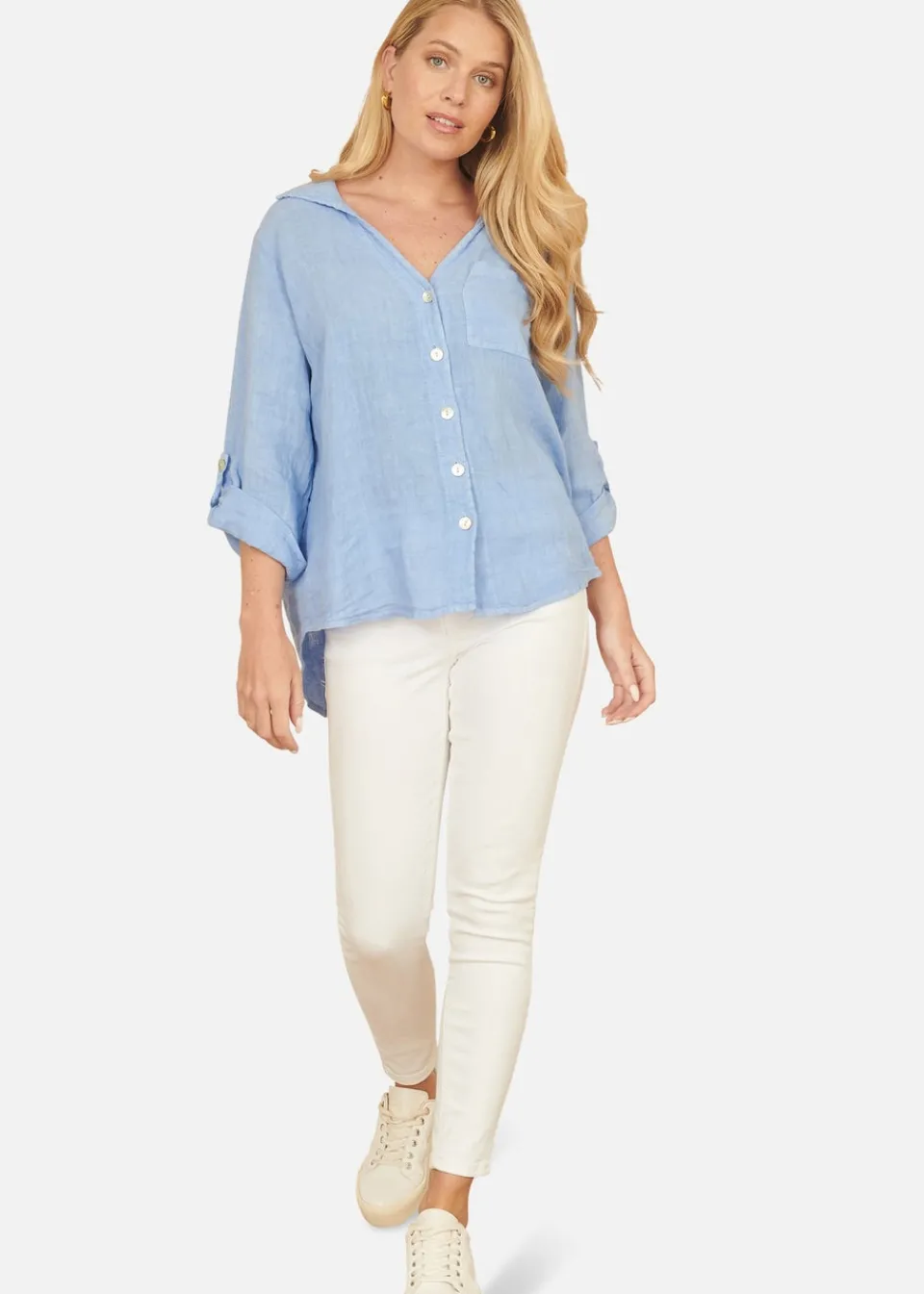 Tops>Yumi Blue Washed Linen Relaxed Shirt