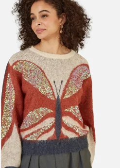 Tops>Yumi Brown Butterfly Sequin Knitted Jumper