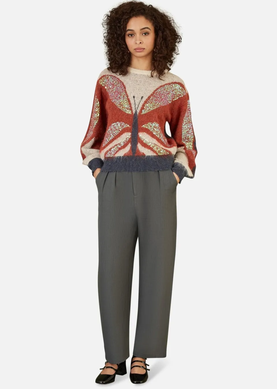 Tops>Yumi Brown Butterfly Sequin Knitted Jumper