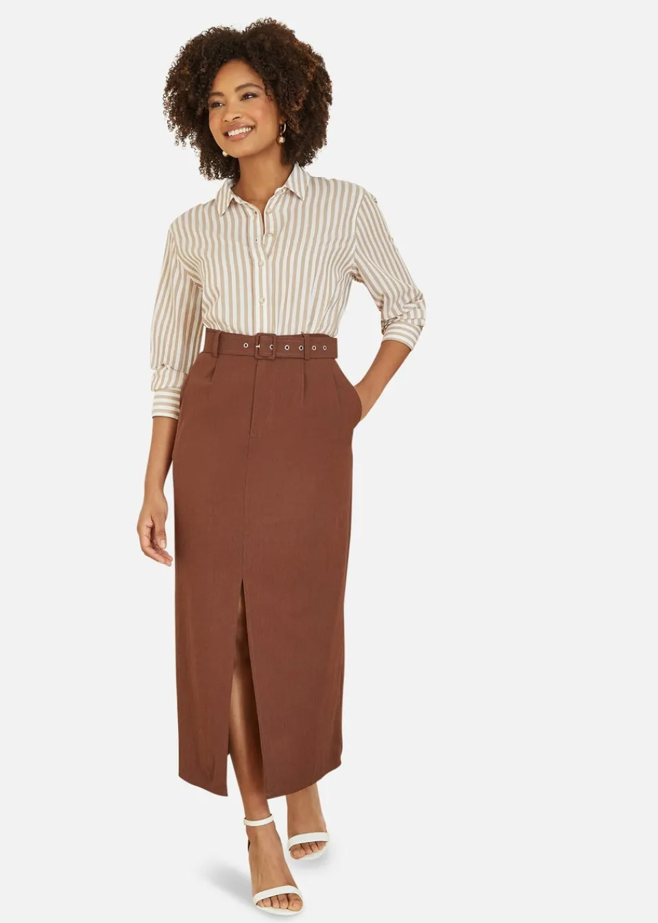 Skirts>Yumi Brown Cotton Midi Skirt With Belt And Split Hem