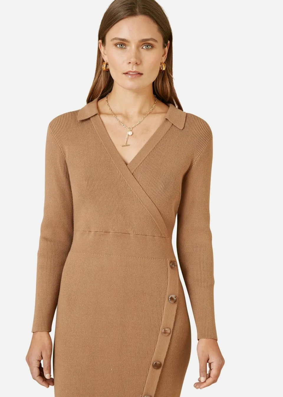 Knitwear>Yumi Knitted Midi Dress With Asymmetric Button Details Brown