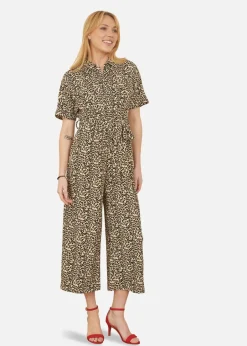 Jumpsuits & Playsuits>Yumi Brown Leopard Print Pleated Fabric Jumpsuit