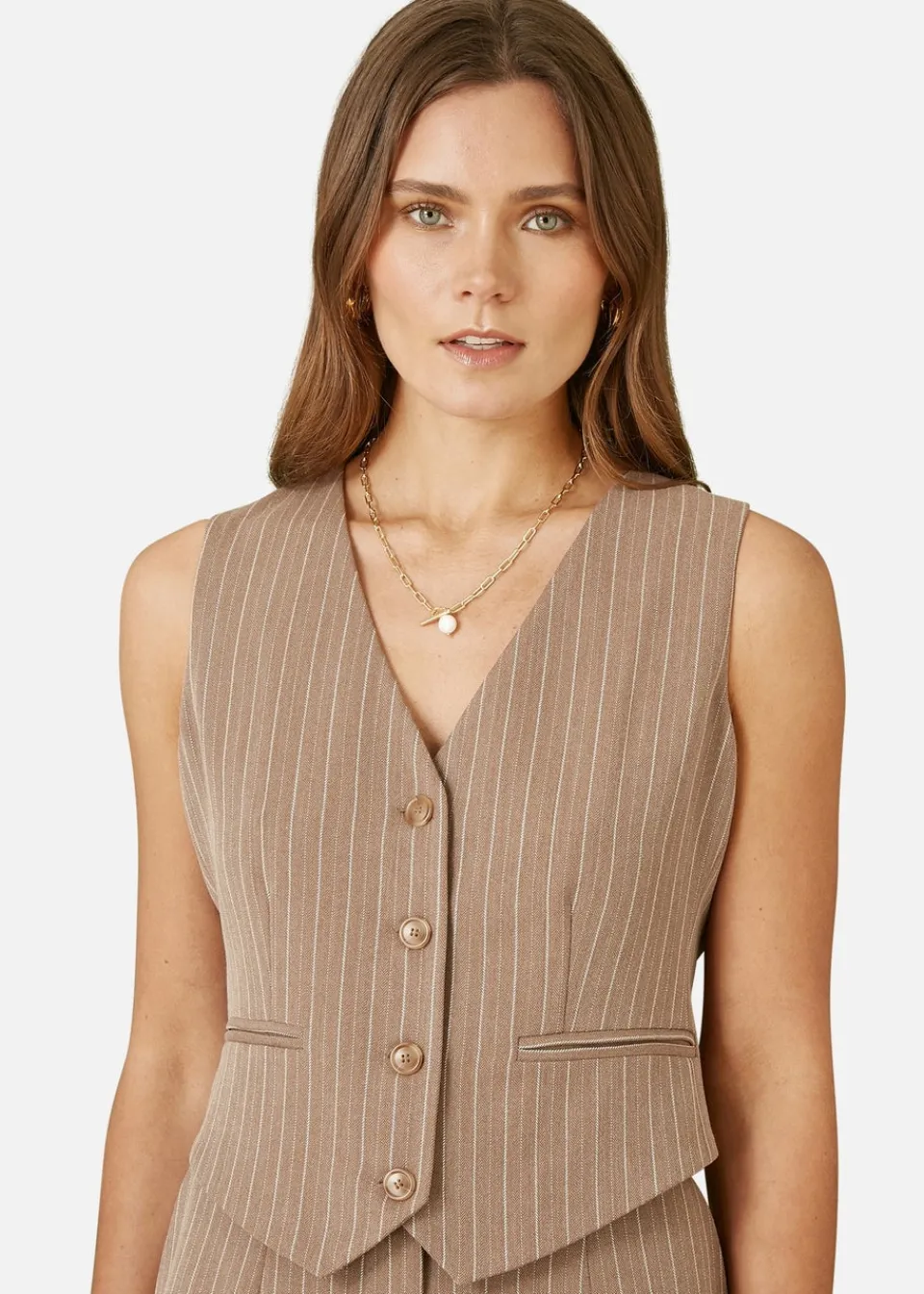 Coats & Jackets>Yumi Brown Pinstripe Waist Coat Vest