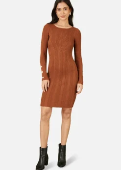 Knitwear>Yumi Brown Shimmer Fitted Midi Dress With Button