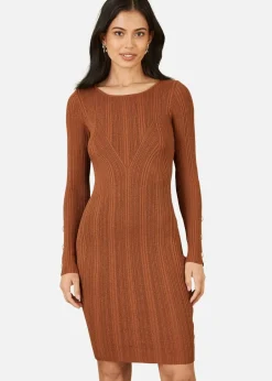 Knitwear>Yumi Brown Shimmer Fitted Midi Dress With Button