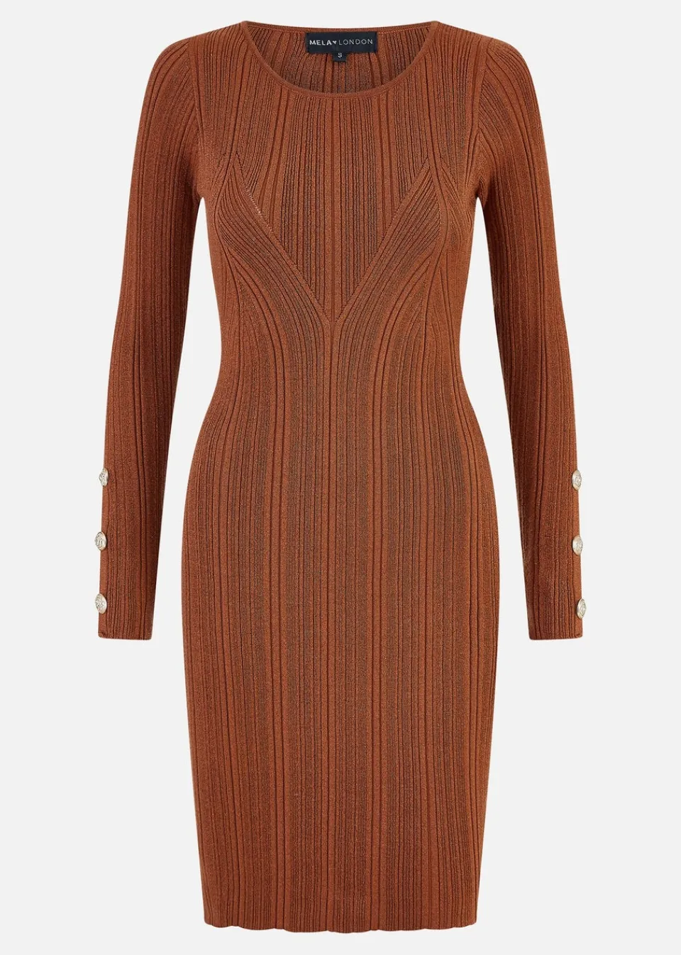 Knitwear>Yumi Brown Shimmer Fitted Midi Dress With Button