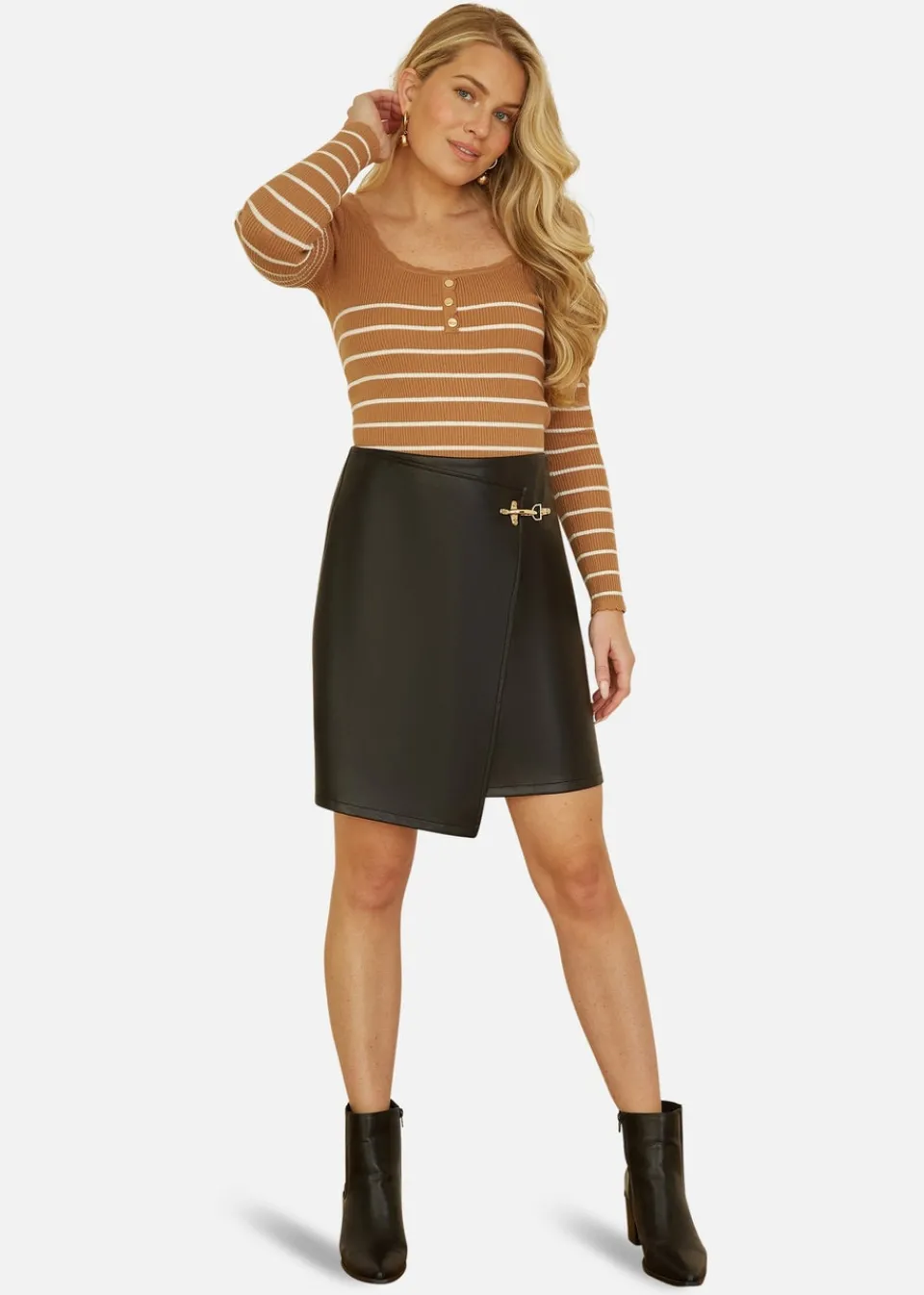 Tops>Yumi Brown Stripe Rib Knitted Long Sleeve Top With Button Details