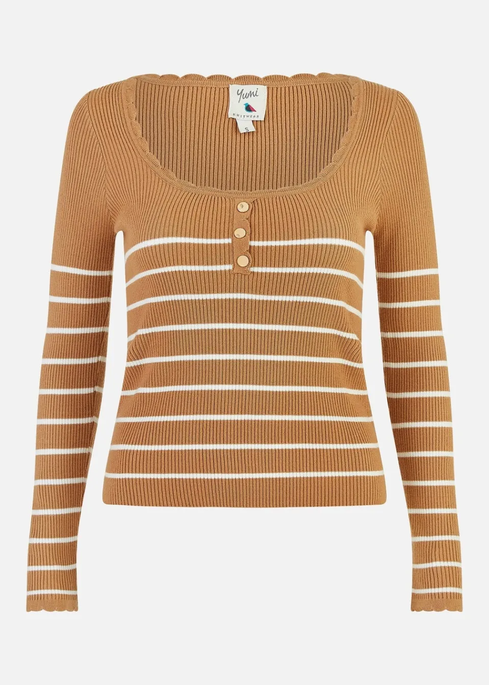 Tops>Yumi Brown Stripe Rib Knitted Long Sleeve Top With Button Details