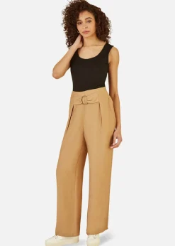 Trousers>Yumi Brown Wide Leg trousers With Front Buckle Detail