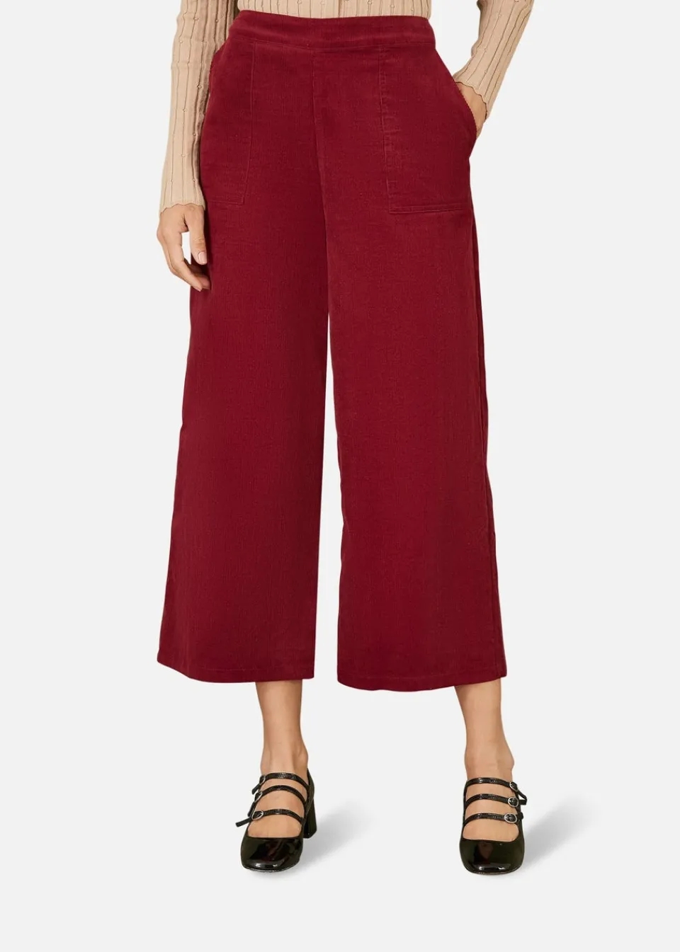 Trousers>Yumi Burgundy Cord Cropped Wide Leg Trousers With Pockets