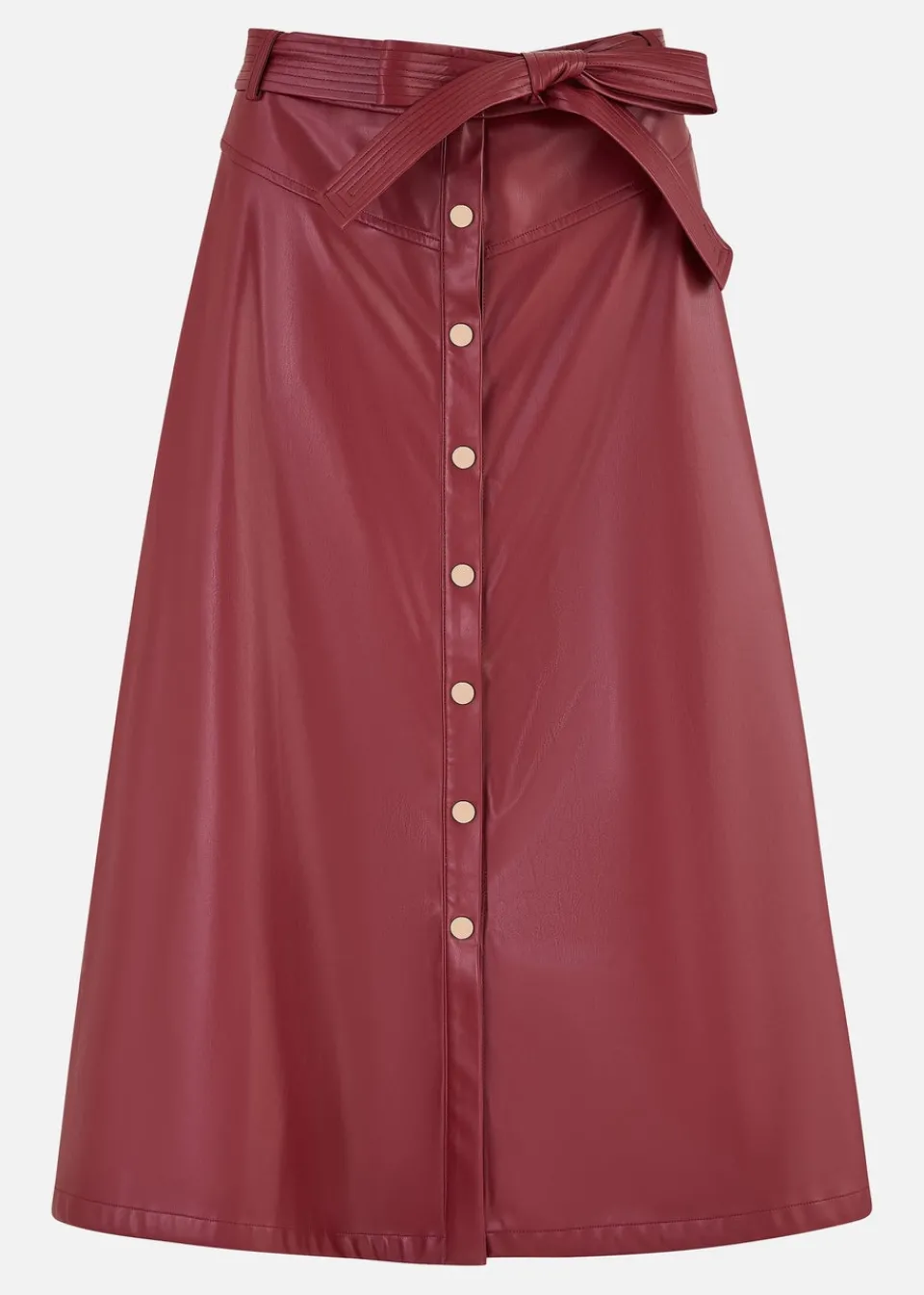 Skirts>Yumi Burgundy Faux Leather A Line Midi Skirt With Button Up Details