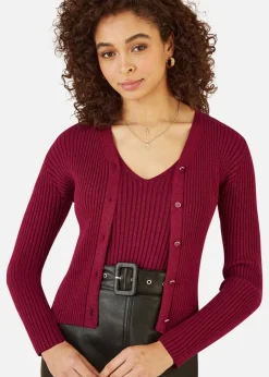 Tops>Yumi Burgundy Metallic Rib Knitted Cardigan