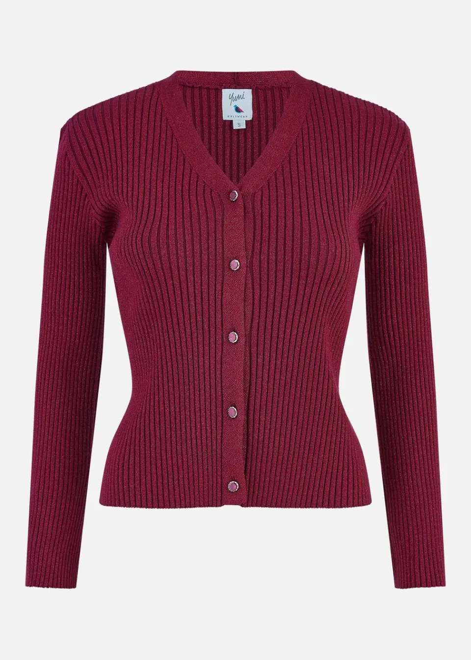 Tops>Yumi Burgundy Metallic Rib Knitted Cardigan