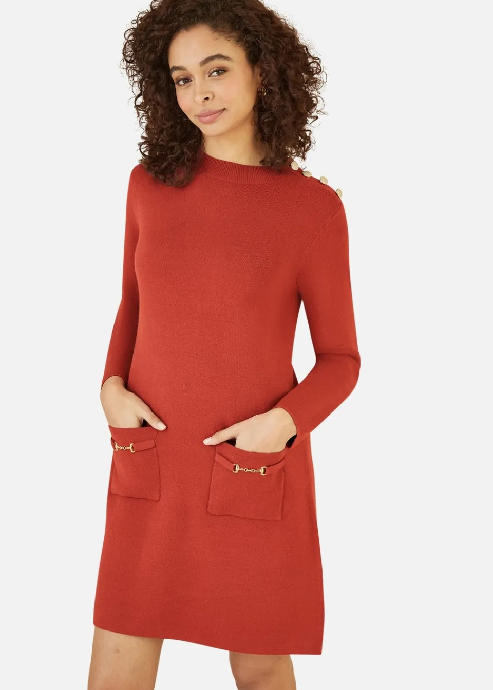 Knitwear>Yumi Burnt Orange Knitted Tunic Dress With Gold Hardware Details
