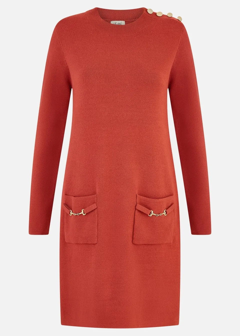 Knitwear>Yumi Burnt Orange Knitted Tunic Dress With Gold Hardware Details