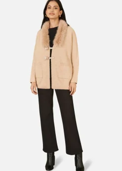 Tops>Yumi Camel Cardigan With Detachable Fur Collar Trim