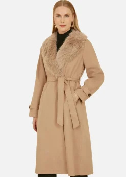 Coats & Jackets>Yumi Camel Wrap Around Coat With Faux Fur Collar