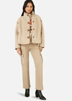Coats & Jackets>Yumi Cream Borg High Neck Jacket With Faux Leather Trims