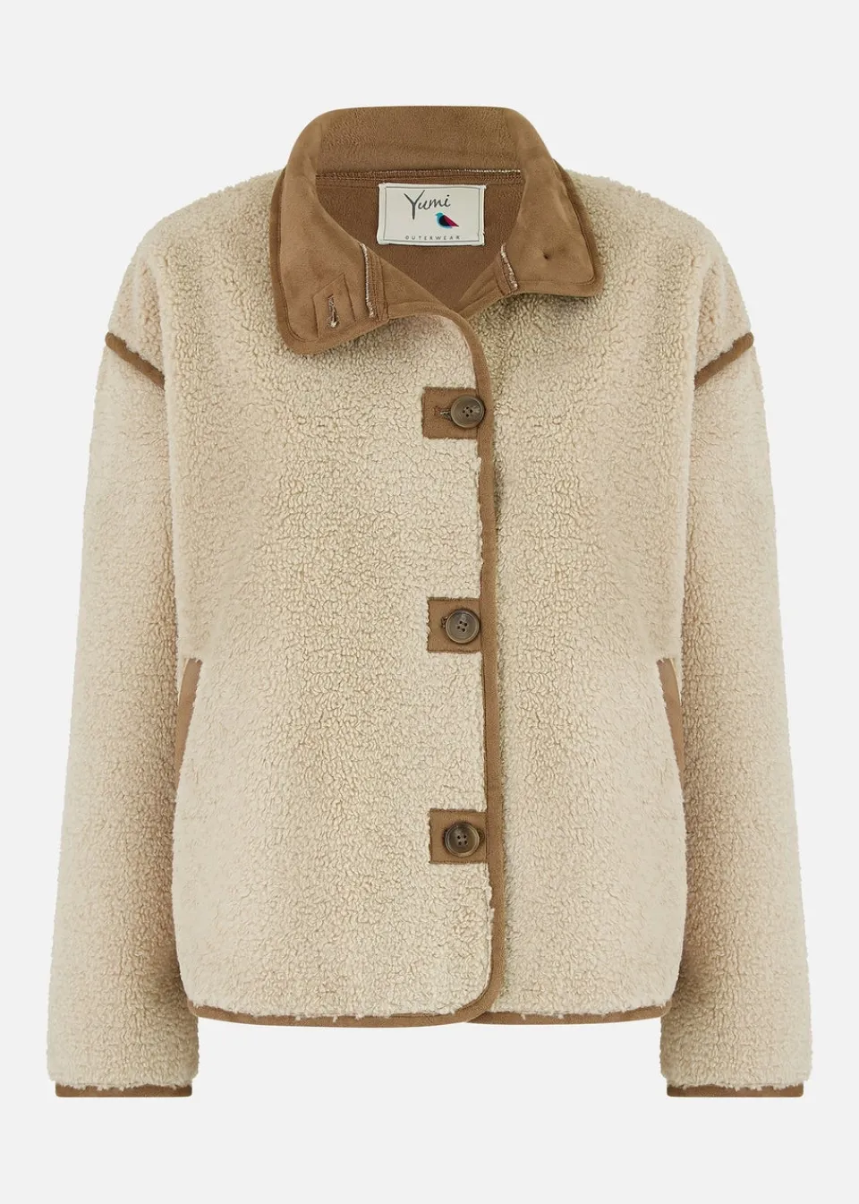 Coats & Jackets>Yumi Cream Borg High Neck Jacket With Faux Leather Trims