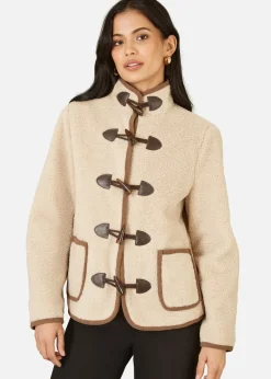 Coats & Jackets>Yumi Cream Borg Jacket With Faux Leather Button Details