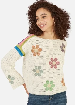 Knitwear>Yumi Cream Crochet Flower Jumper