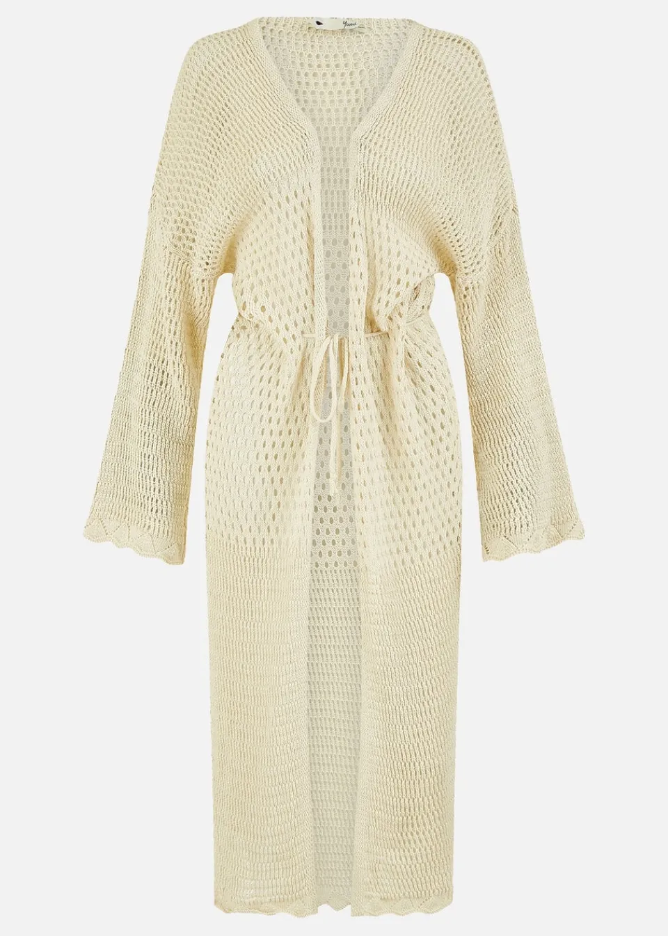 Knitwear>Yumi Cream Crochet Long Line Cardigan With Ties Front