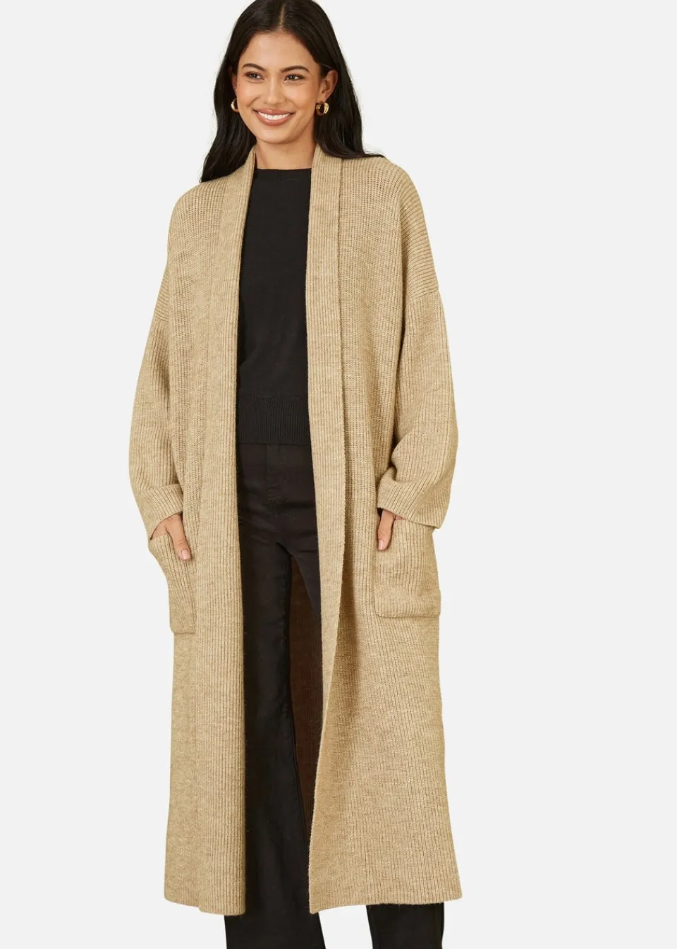 Tops>Yumi Cream Knitted Maxi Cardigan With Pockets