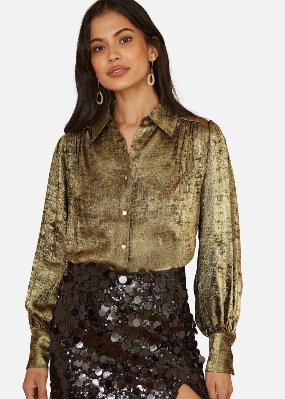Tops>Yumi Gold Metallic Relaxed Balloon Sleeve Shirt